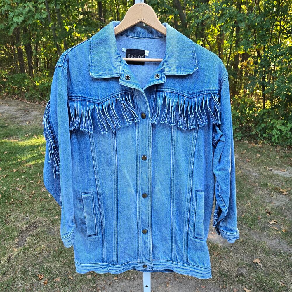 Vintage Learsi 90's Denim Jacket Fringe Yoke Arms 100% Cotton Faded size Small - Picture 5 of 15